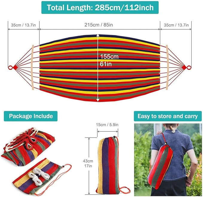 285X155cm Hammock with Spreader Bars, Camping Hammock Outdoor, with Thickened Durable Canvas Fabric and Sturdy Metal Knot, 550 Lb Load Capacity, for Backyard, Garden,Red