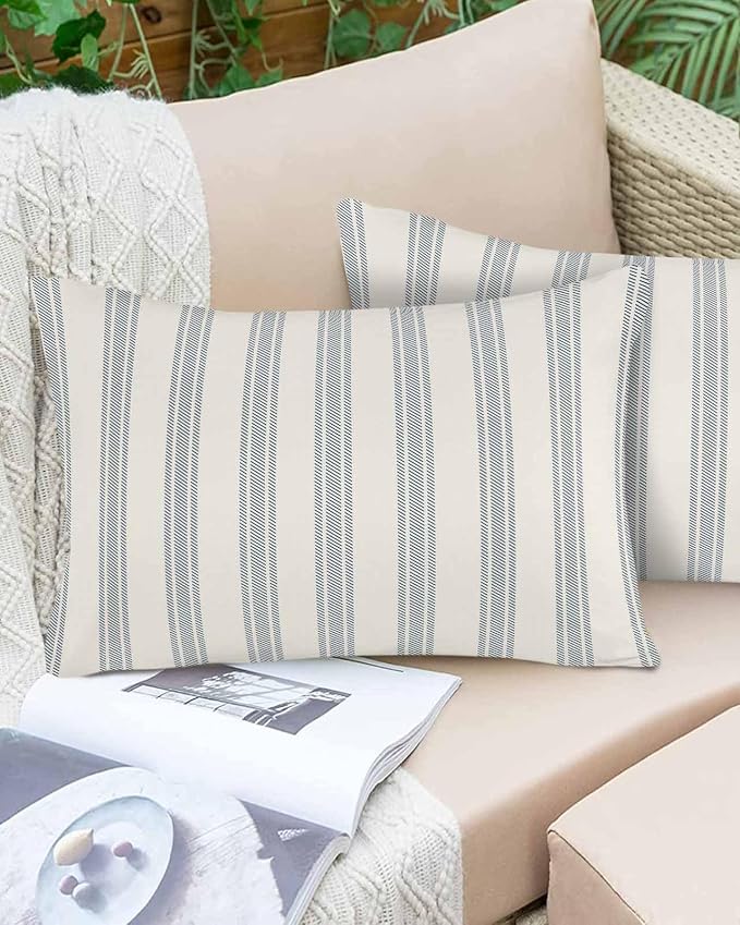 Lumbar Pillow Covers 20x12 Inch Set of 2, Blue Striped Waterproof Outdoor Cushion Covers, Modern Stripes Farmhouse Decorative Pillowcases for Couch, Sofa, Bed, Garden, Patio