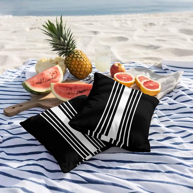 Black White Stripe Outdoor Pillow Covers 24x24 Inch Throw Pillow Covers Set of 2 Waterproof Decorative Pillow Cases Modern Rustic Vertical Striped Cushion Covers for Patio Furniture Garden Couch Sofa