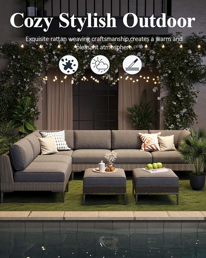 LayinSun 7-Piece Wicker Rattan Patio Furniture Set, Deep Seating Outdoor Modular Sectional Sofa Conversation Set with Thick Cushions for Lawn, Garden