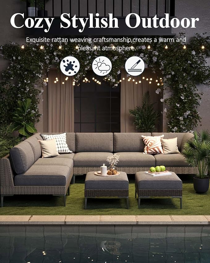 LayinSun 5-Piece Wicker Rattan Patio Furniture Set, Deep Seating Outdoor Modular Sectional Sofa Conversation Set with Thick Cushions for Lawn, Garden