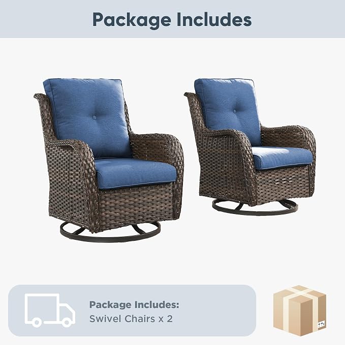 Belord Outdoor Swivel Chairs Set of 2,Patio Wicker Rocker Chairs,All Weather Patio Conversation Furniture Set, Ideal for Porch Balcony Deck Yard, Brown Wicker/Blue