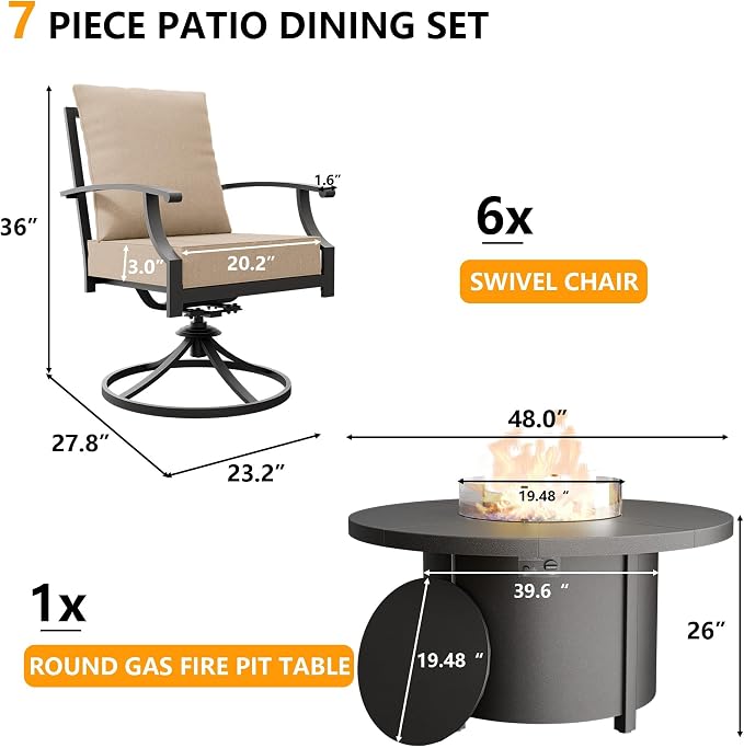 Kullavik 7 Piece Metal Outdoor Patio Furniture Set with Fire Pit Table,Outdoor Dining Table Set with 6 Swivel Chairs and 55000 BTU Outdoor Round Fire Pit,Sand