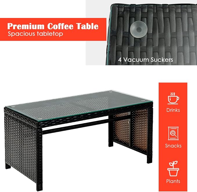 Tangkula 4 Pieces Rattan Furniture Set, Outdoor Conversation Set w/Chair & Loveseat & Tempered Glass Coffee Table, Suitable for Garden, Backyard, Poolside, Patio Furniture Set for 4 (1, Red)