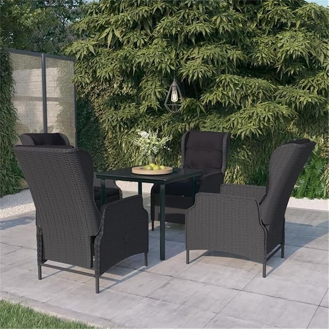 Afuera Living 5-Piece Contemporary Patio Dining Set, Synthetic Poly Rattan & Powder-Coated Steel, Dark Gray/Black Finish, Cushioned Seating, Square Table for Outdoor Garden, Terrace, or Balcony Use