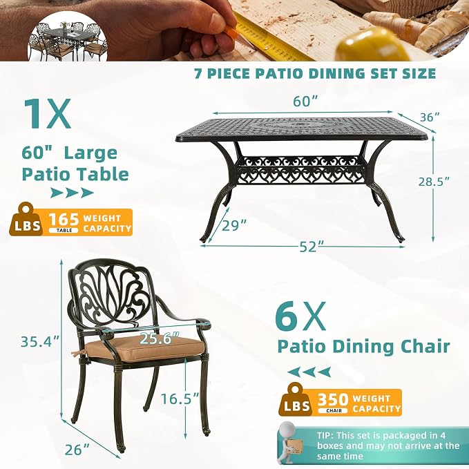 MEETWARM 7-Piece Outdoor Patio Dining Set, 6 Outdoor Dining Cushioned Chairs and 1 Rectangle Table with 2" Umbrella Hole, All Weather Cast Aluminum Patio Funiture Set for Backyard