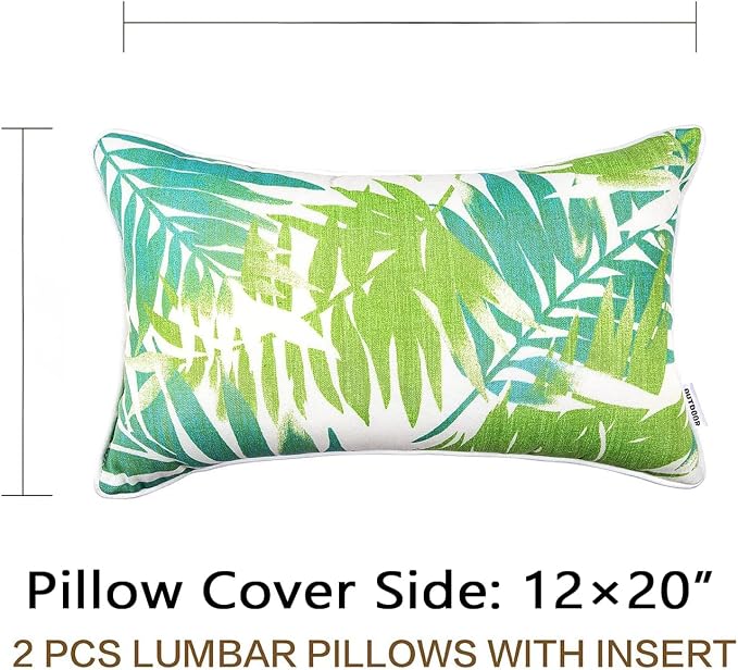 JMGBird Outdoor Pillows Set of 2 with Inserts - 12x20 Waterproof Throw Pillows for Patio Furniture, White Green Palm Leaf Decorative Cushions (Pack of 2)