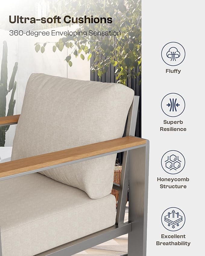 Aluminum Outdoor Patio Furniture Set with Coffee Table, 5 Piece Outdoor Conversation Sets with Washable Thick Cushions, Patio Sectional Furniture Set for Porch, Lawn, Garden, Silver