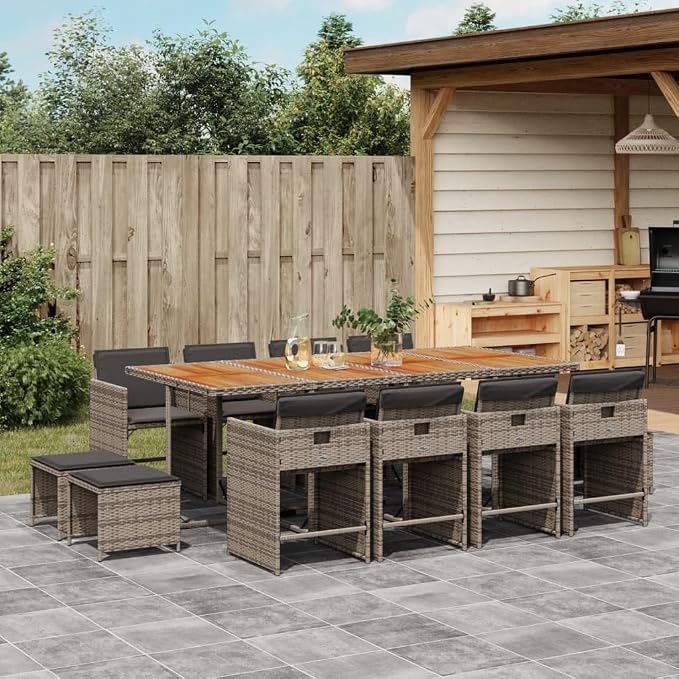 13 Piece Patio Dining Set with Cushions Gray Poly Rattan Outdoor Furniture Table and 8 Chairs Folding Backrest Space Saving UV Protected Acacia Wood Top for Garden Backyard Entertaining