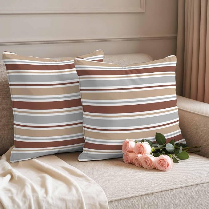 Beige Khaki Striped Outdoor Pillow Cover 16x16 Inch Cushion Sham Case, Farmhouse Stripes Modern Abstract Art Waterproof Decorative Square Throw Pillowcase for Outside Garden Patio Porch Couch Chair