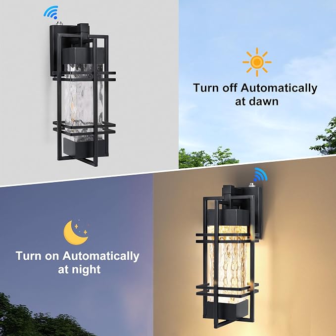 15'' Dusk to Dawn Outdoor Wall Lantern,Front Porch Light, 2Pack, Black | Rustproof Metal Frame, Water Ripple Glass, T30 Bulb Included, E26 Bulb,2700K Warm Light, Patio Light for Front Door