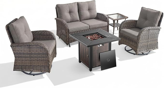 5 Piece Patio Furniture Set with Fire Pit Table - Wicker Patio Conversation Set with Swivel Glider, Glider Loveseat, Tempered Glass Side Table for Deck Backyard - Brown Wicker Grey Cushion