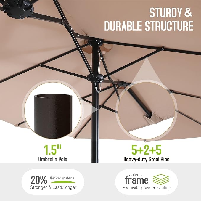 Sophia & William 8 Pieces Patio Dining Set with 13 Ft Beige Double-Sided Twin Umbrella, Outdoor Rattan Chairs & Metal Table Set with Cushions and 1.57" Umbrella Hole for Backyard Porch Poolside
