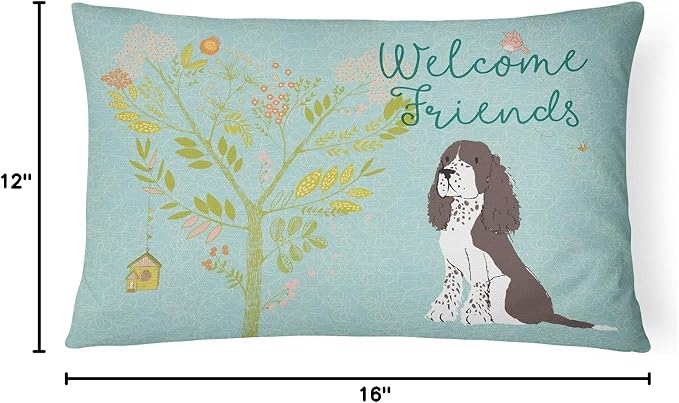 Caroline's Treasures BB7622PW1216 Welcome Friends Brown Springer Spaniel Canvas Fabric Decorative Pillow Machine Washable, Indoor Outdoor Decorative Pillow for Couch, Bed or Patio, 12HX16W