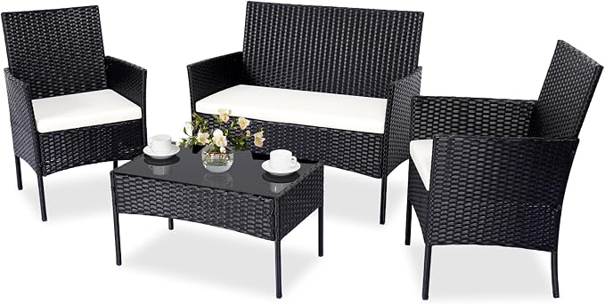 Patio Furniture Set,4 Piece Garden Conversation Set, Outdoor Wicker Rattan Table and Chairs, Black Patio Set, Sectional Sofa with Thick Cushion for Garden, Yard, or Porch (Black/Beige)