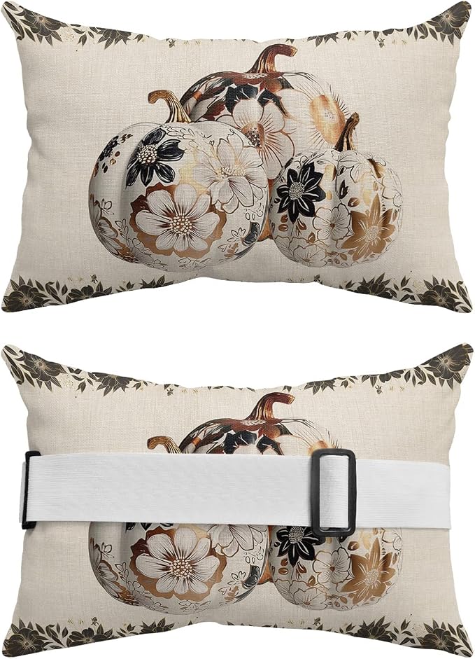 Outdoor Pillows Covers with Inserts Fall Thanksgiving Watercolor Printed Pumpkin Beige Waterproof Pillow with Adjustable Strap Throw Pillows for Patio Furniture Recliner Lounge Chair, 12x20 inch, 2PCS