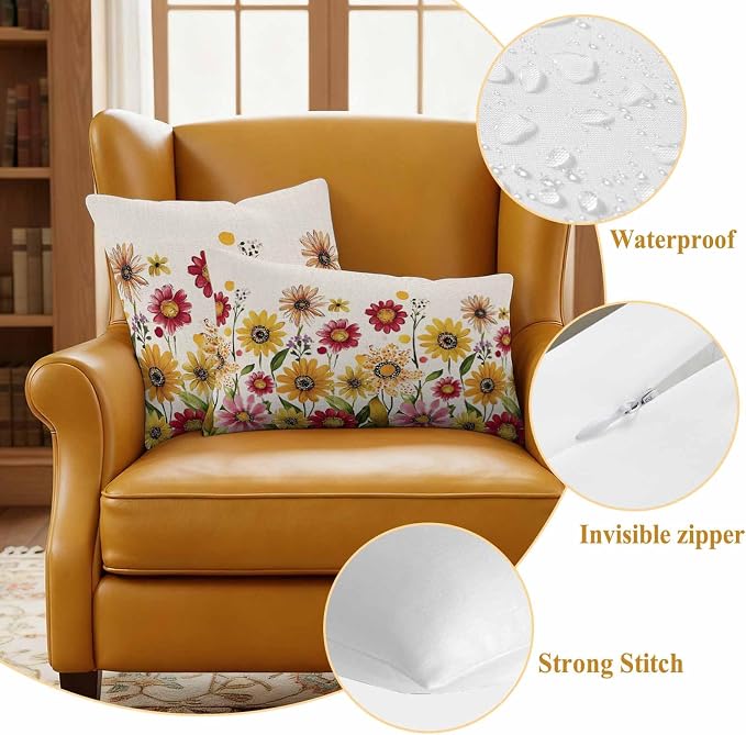 Yellow Red Spring Floral Outdoor Waterproof Throw Pillow Covers 26x26 Set of 2, Pastoral Summer Flower Rustic Decorative Pillowcases Cushion Pillowcase for Couch Sofa Patio Outside Pillow Protector