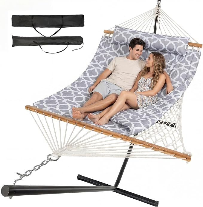 ANAGOO Double Hammock with Stand – Portable Cotton Rope Hammock with Removable Quilted Pad & Pillow, Adjustable Steel Frame for Patio, Backyard, Garden, Park, Camping & Outdoor Relaxation – White Gray