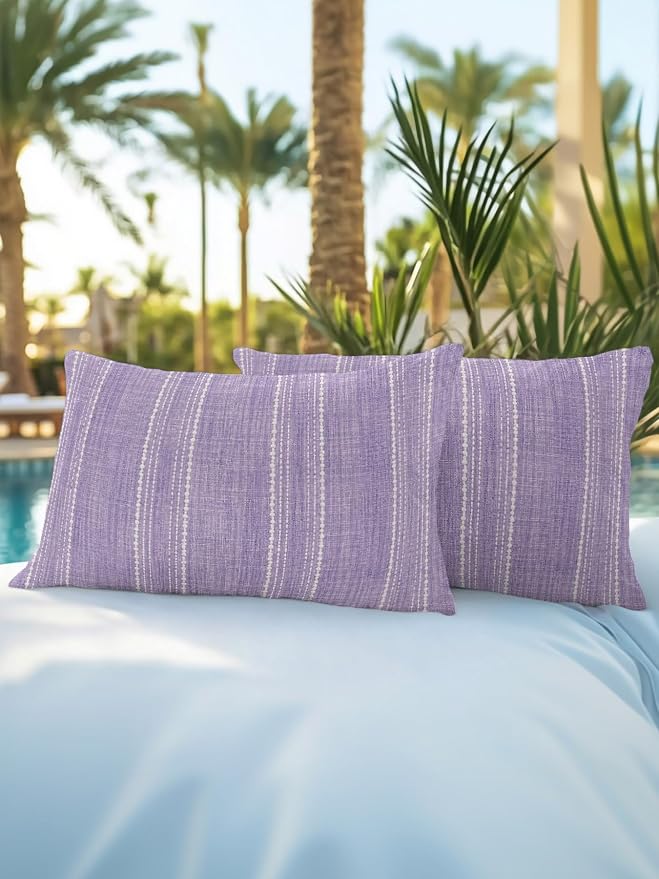 Waterproof Outdoor Pillow Set of 2 Lavender Linen Stripes Decorative Throw Pillows Cover & Insert 20x12 Inch Lumbar Pillowcase Parallel Vertical Lines Pillows for Couch Sofa Bed Patio Furniture