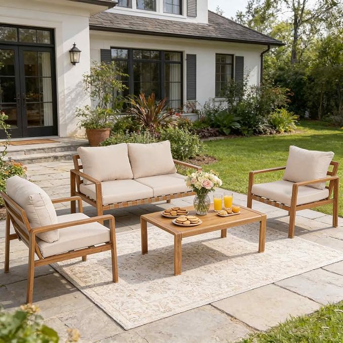 4-Piece Outdoor Patio Furniture Set, All-Aluminum Frame with Wood Grain Finish, Cushioned Loveseat, 2 Armchairs & Plastic Wood Coffee Table, Modern Patio Seating for Backyard & Balcony