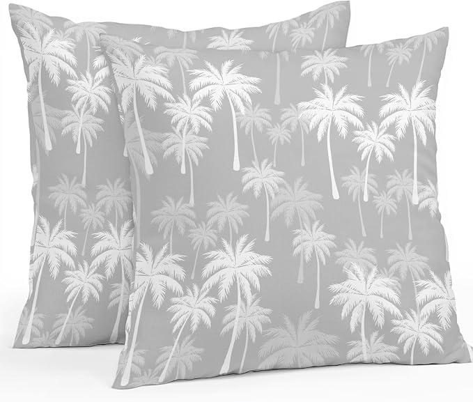 Throw Pillow Covers 20x20 Inch Set of 2, Tropical Palm Tree Waterproof Outdoor Pillow Covers, Gray White Plants Coastal Leaf Beach Decorative Cushion Pillowcases for Couch, Sofa, Bed, Garden, Patio