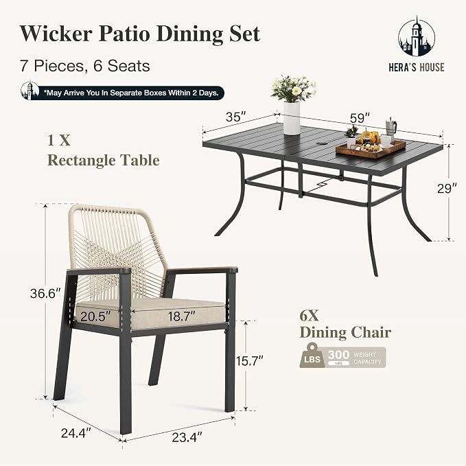 HERA'S HOUSE 7pc Patio Dining Set, 59" Metal Table & 6 Rattan Chairs | Rectangular table with umbrella hole, cushioned chairs. Waterproof, rust-resistant, all-weather for backyard, porch.