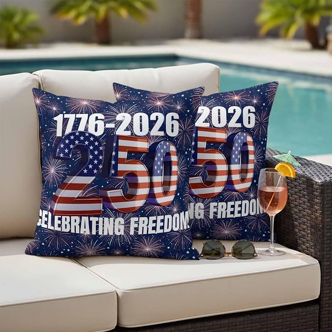 250 Anniversary USA Flag Outdoor Pillow Covers 16x16 Inch Throw Pillow Covers Set of 2 Waterproof Decorative Pillow Cases Blue American Flag 250 Fireworks Cushion Covers for Patio Furniture Garden