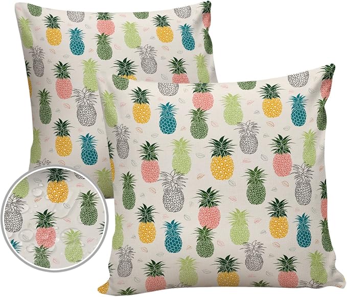 Outdoor Waterproof Pillow Covers for Patio Summer Pineapple Decorative Throw Pillow Cover Watercolor Pineapple Fruit Pillowcases Set of 2 Cushion Case for Sofa Couch Chair Home Decor 16 x 16 Inches
