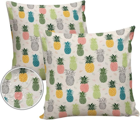Outdoor Waterproof Pillow Covers for Patio Summer Pineapple Decorative Throw Pillow Cover Watercolor Pineapple Fruit Pillowcases Set of 2 Cushion Case for Sofa Couch Chair Home Decor 16 x 16 Inches