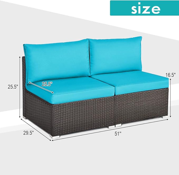 Tangkula 2 PCS Outdoor Wicker Armless Sofa, Patio Rattan Sectional Sofa Set w/2 Thick Seat Cushions and 2 Back Cushions, Additional Seats for Balcony Garden Patio Poolside (Turquoise)