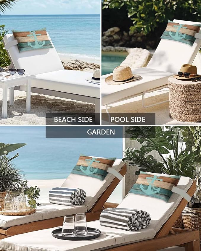 Outdoor Lumbar Cushions with Inserts, Retro Gradient Anchor Farm Wood Grain Waterproof Fluffy Fade Body Pillows, Patio Furniture Pillow for Home Balcony Garden Decor 12x20IN