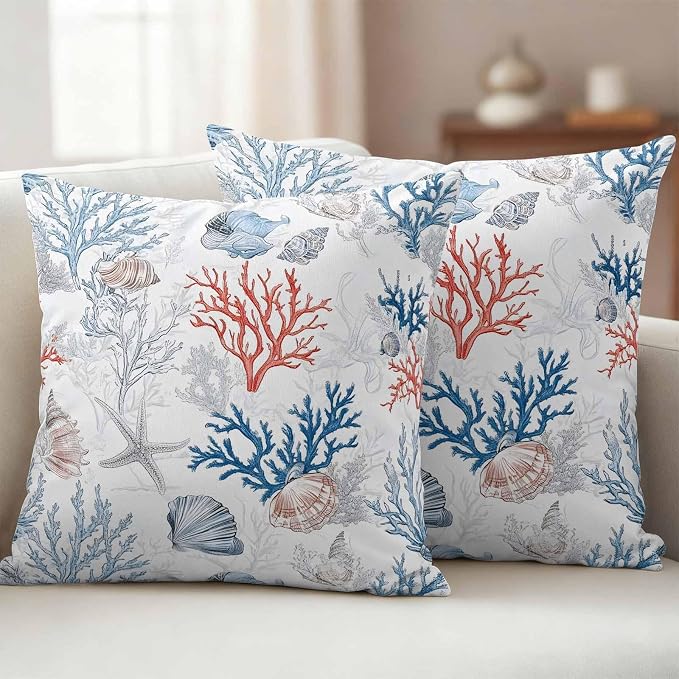 Summer Nautical Outdoor Waterproof Throw Pillow Covers Set of 2, 18"x18", Red Blue Coral Seashell Coastal Vintage Decorative Pillow Covers Outside Cushion Case for Patio Porch Garden