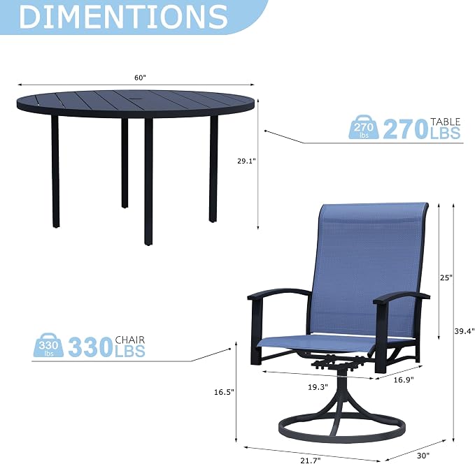 9 Piece Patio Dining Set - Round Patio Table & 8 Swivel Rocking Patio Chairs, Outdoor Patio Furniture with Textilene Fabric High Back Chairs for 8 Person, Blue