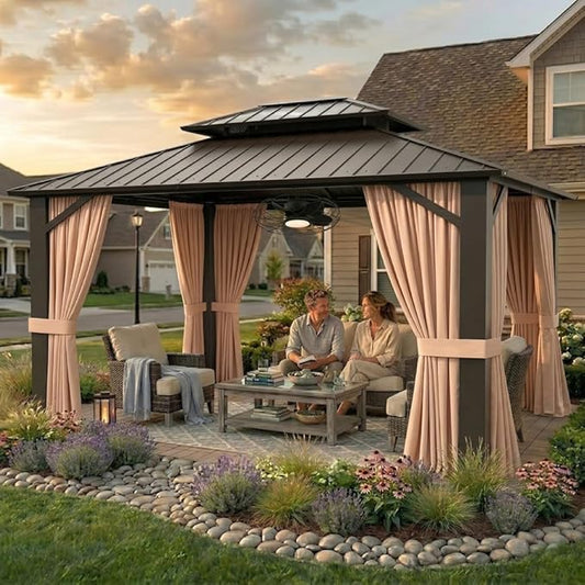 10’x12’ Hardtop Gazebo with Fan, Galvanized Steel Double Roof Canopy with Aluminum Frame, Outdoor Pavilion with Nettings and Curtains