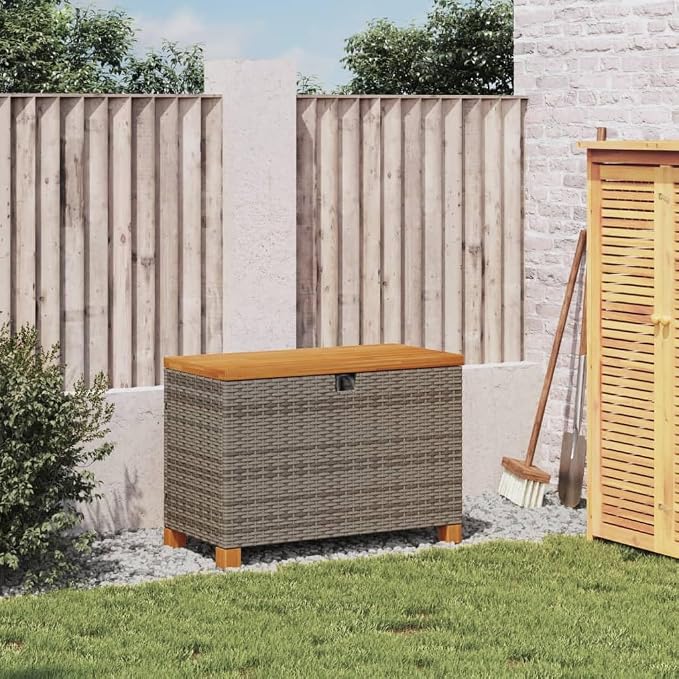 Patio Garden Storage Box, Outdoor Storage Box Deck Box, Entryway Storage Box with Seat for Patio Garden Balcony Yard, Gray 31.5"x15.7"x18.9" Poly Rattan Acacia Wood,-347