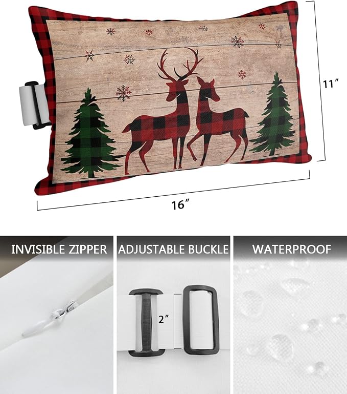 Outdoor Pillows Covers with Inserts Merry Christmas Elk Deer and Green Xmas Tree Waterproof Recliner Pillow with Adjustable Strap Throw Pillows for Patio Furniture Pool Lounge Chair, 11x16 inch, 2PCS