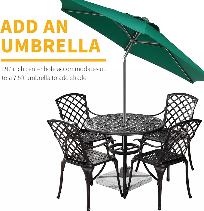5 Pieces Outdoor Patio Dining Set, 36" Metal Outdoor Dining Set with 1.97" Umbrella Hole, Anti Rust Patio Furniture Set with 4 Chairs and Round Table for Garden, Porch and Poolside, Bronze