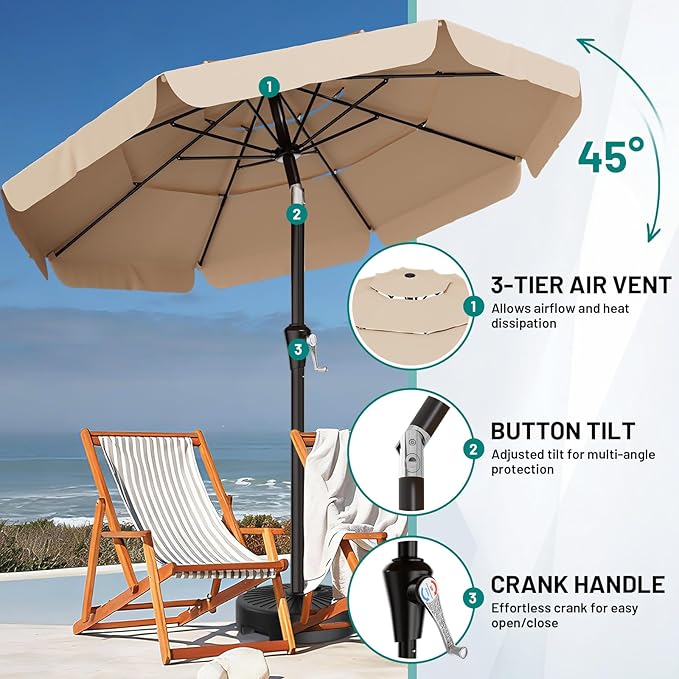 AreShark 9FT 3-Tiers Patio Umbrella with Valance, Outdoor Umbrellas with Crank/Tilt, Table Market Umbrella Vented w/ 8 Sturdy Ribs for Garden, Deck, Backyard, and Pool, Beige