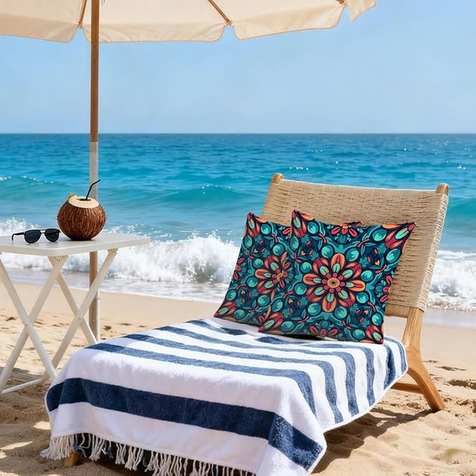 20x20 Inch Outdoor Pillow Covers Set of 2 Waterproof Throw Pillow Covers Decorative Couch Cushion Covers Boho Mandala Floral Square Pillowcases Protectors for Patio Garden Sofa