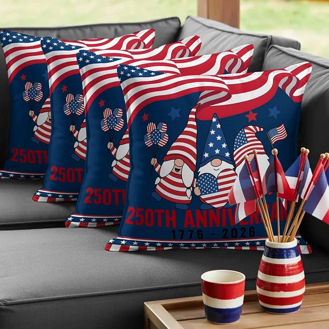 250th Anniversary Outdoor Pillow Covers 24"x24" Set of 2, Patriotic Gnome USA Flag Independence Day Waterproof Throw Pillow Covers for Patio Furniture, Decorative Cushion Covers for Porch