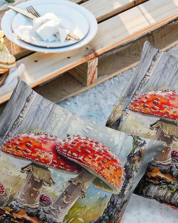 Outdoor Waterproof Throw Pillow Covers 24x24in, Fall Thanksgiving Harvest Mushrooms Cushions for Garden Patio Furniture Chairs Set of 2, Season Forests Home Decor Couch Sofa Polyester Pillow Cases
