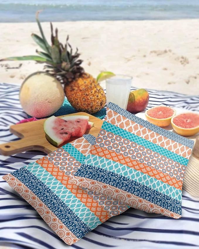 Outdoor Waterproof Pillow Covers Set of 2, Boho Geometric Floral Stripe Ethnic Turquoise Orange Blue Patio Throw Pillow Covers, Decorative Cushion Case for Couch Sofa Furniture Garden, 18x18 Inch