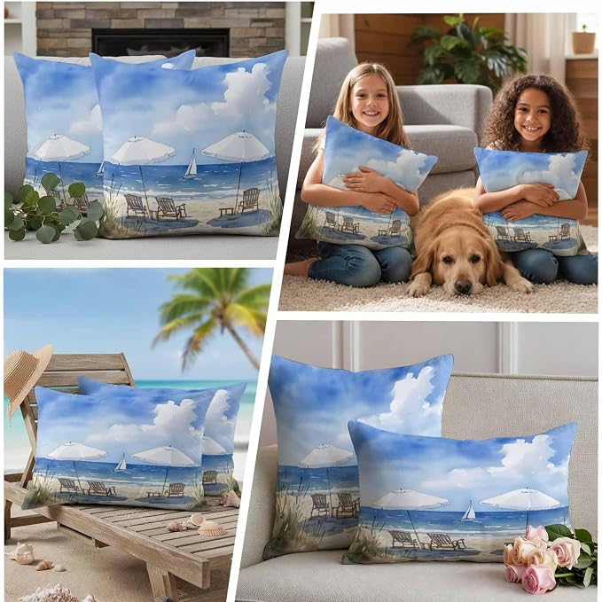 Watercolor Summer Beach Outdoor Waterproof Throw Pillow Covers Set of 2, 18"x18", Sun Umbrella Beach Chair Decorative Pillow Covers Outside Cushion Case for Patio Porch Garden