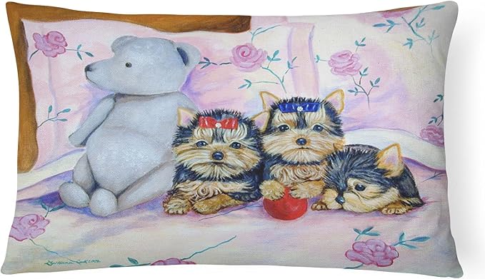 Caroline's Treasures 7192PW1216 Yorkie Puppies Three in a Row Canvas Fabric Decorative Pillow Machine Washable, Indoor Outdoor Decorative Pillow for Couch, Bed or Patio, 12HX16W