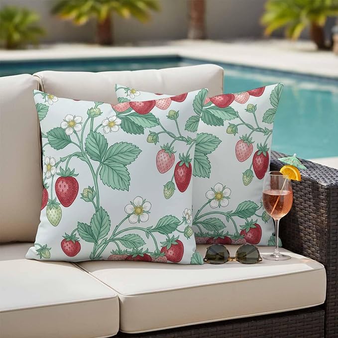 Strawberry Leaves Outdoor Pillow Covers 18"x18" Set of 2, Watercolor Red Pink Fruit Floral Mint Green Waterproof Throw Pillow Covers for Patio Furniture, Decorative Cushion Covers for Porch