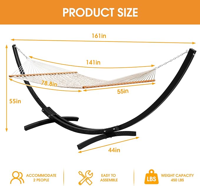 Lazy Daze Hammocks Outside Rope Hammock with 13 FT Curved Steel Heavy Duty Stand for Outdoor, Backyard, Patio, 450 Lbs Capacity, Natural