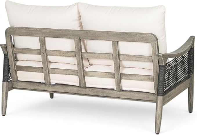 Christopher Knight Home Havets 4 Piece Patio Conversation Sets, Outdoor Acacia Wood Patio Seating Group,Woven Rope Loveseat Chairs with Cushions and Coffee Table for Porch Backyard Balcony, Gray+Beige