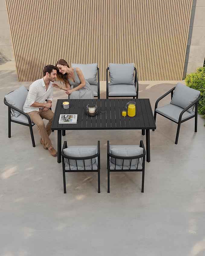 7-Piece Patio Dining Set, Never-Rust Aluminum Outdoor Dining Set for 6, Rectangular Outdoor Table and Chairs Set with Washable Cushions, Patio Furniture Set for Poolside, Lawn, Backyard, Black