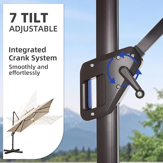 10 X 13 FT Cantilever Patio Umbrella with Led Lights Heavy Duty Windproof Double Top Large Rectangle Offset Umbrellas with 360-degree Rotation for Garden Pool Deck Backyard, Beige