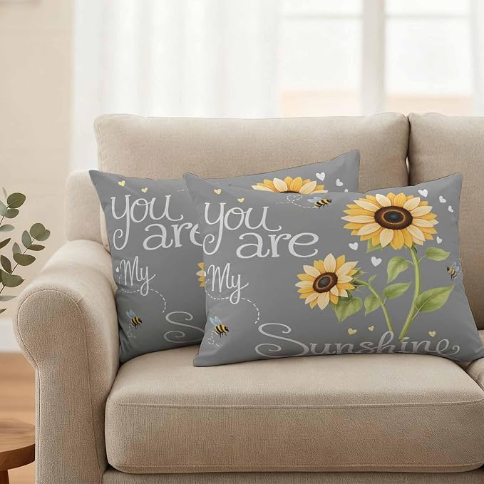 Outdoor Pillow Covers Letters You are My Sunshine Decorative Throw Pillow Covers, Pastoral Sunflowers on Gray Throw Cushion Case with Zipper for Patio,Couch,Sofa,Garden 20x12in Set of 2